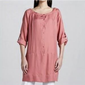 Eileen Fisher Coral Sandwashed 100% Silk Roll-tabbed Tunic Size XL